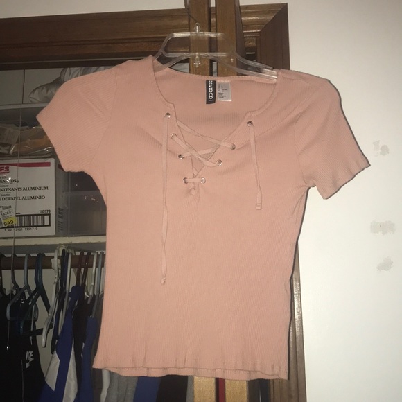 pink lace up short sleeve shirt. - Picture 1 of 1